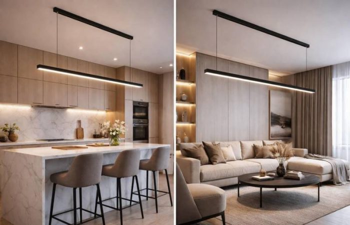 Подвесные линейные светильники для кухни и гостиной